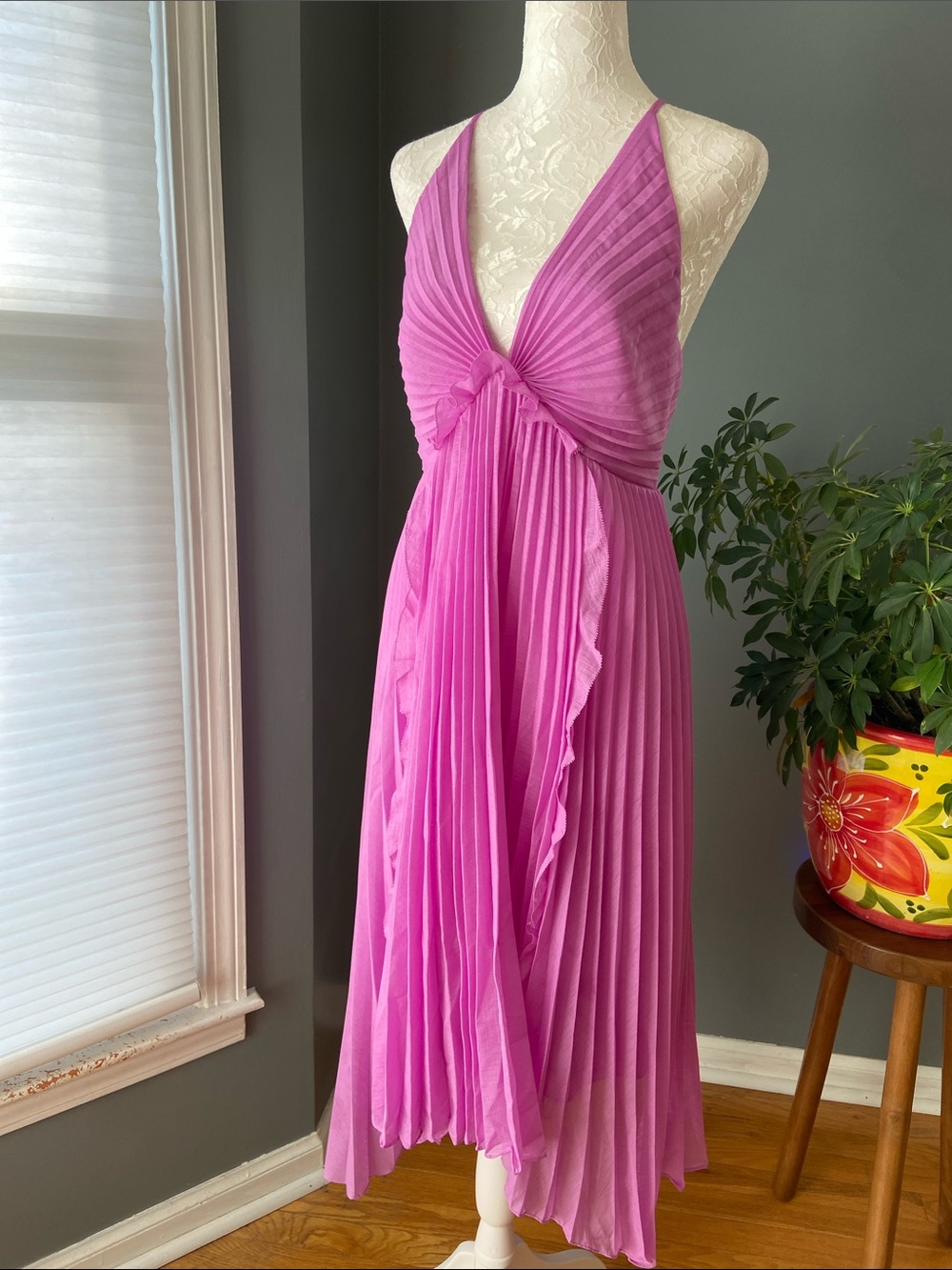 Halston Heritage Pleated V-Neck Midi Dress